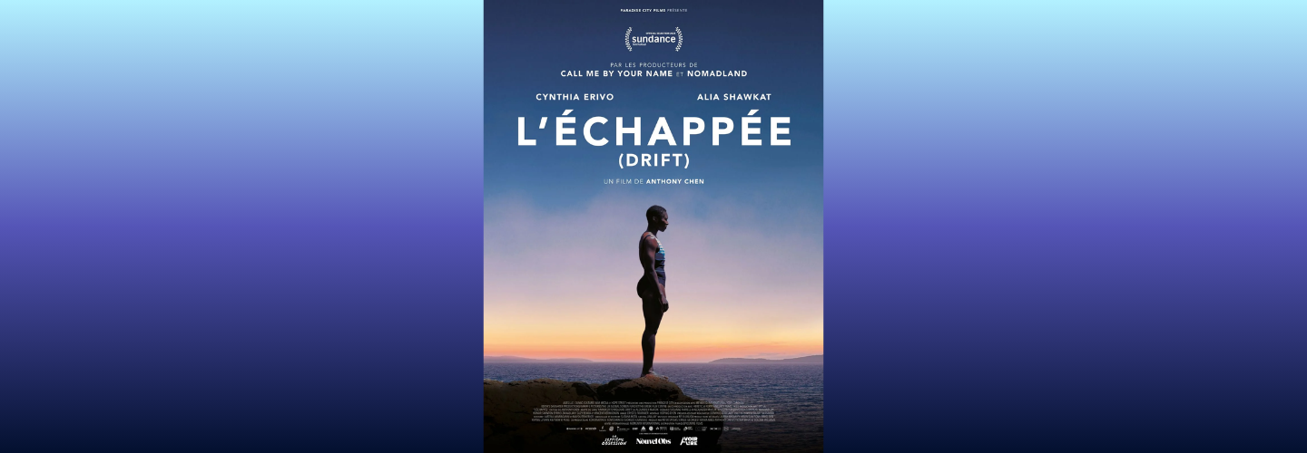 Affiche du film : une femme debout sur un rocher, contemplant la mer tout autour d'elle.