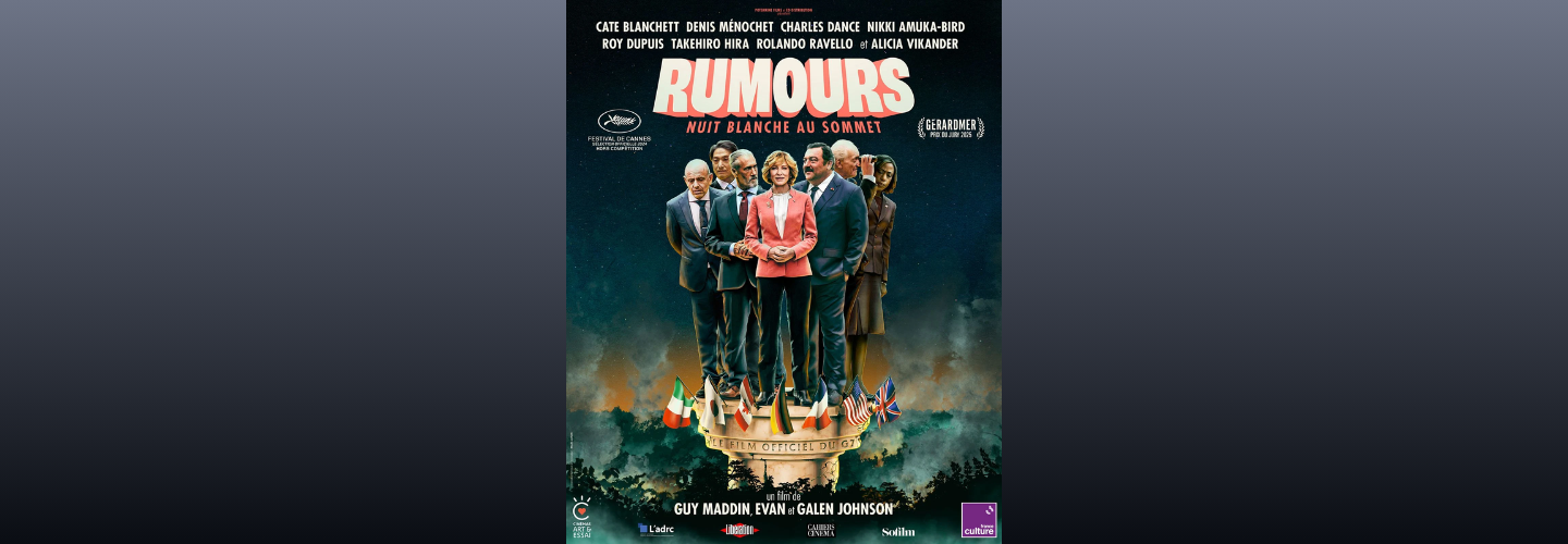 Affiche du film, représentant un groupe de dirigeants du G7, debout sur une colonne grecque, avec les fumées d'incendie dans la forêt en contrebas.